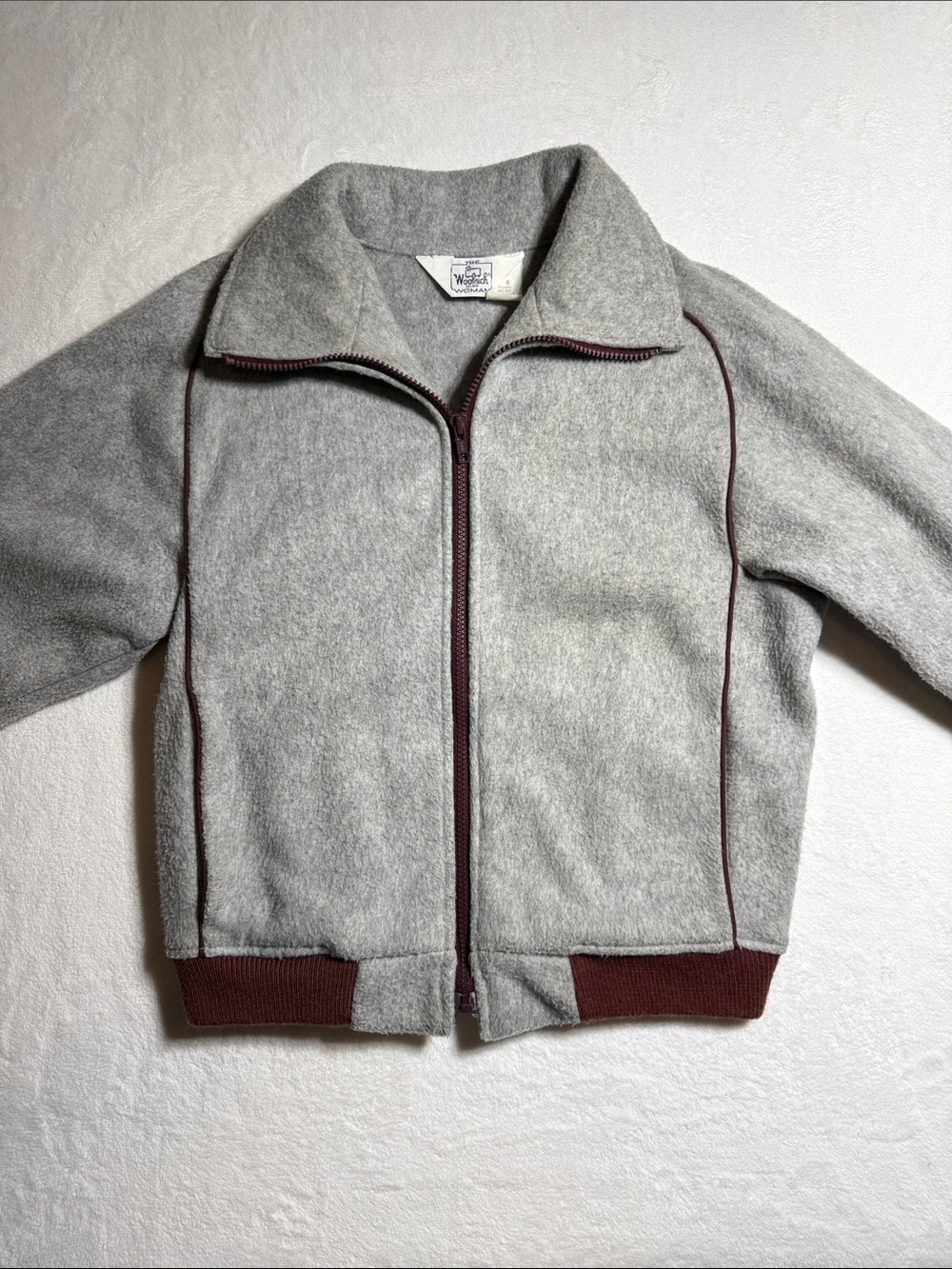 Woolrich Vintage 1990s Light Gray Wool Zip Bomber Jacket with Burgundy Accents